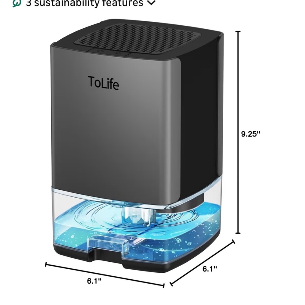 ToLife Dehumidifier 30oz Water Tank Portable LED Lights Workshop Bathroom EUC - Picture 7 of 12